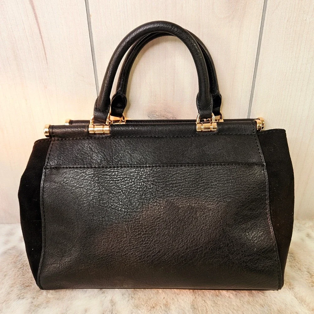 Lauren Conrad Black Faux Pebble‎ Leather & Suede Handbag Satchel Purse Rose Gold
